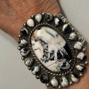 SOLD💕Signed Navajo Sterling Silver White Buffalo Wide Cuff Bracelet 7”